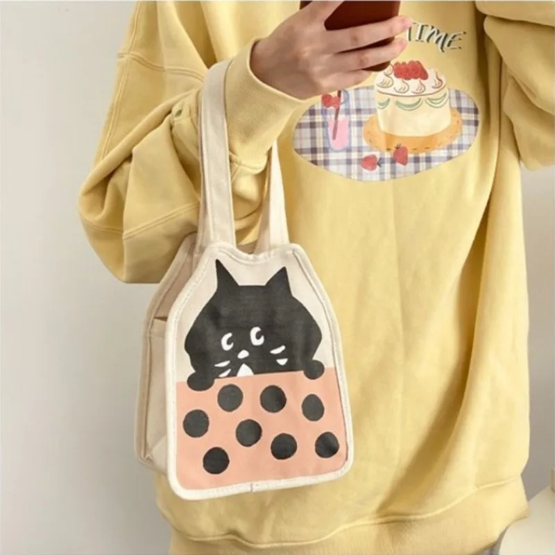 

MBTI Small Handbags for Women Korean Style Cute Cartoon Cat Canvas Bag 2024 Fashion Casual Portability Kawaii Print Bag