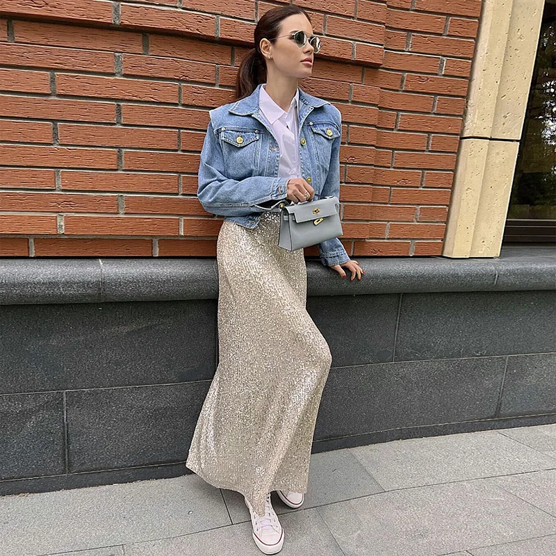 DGLUKE Silver Sequin Skirt Woman High Waist Maxi Skirt Fashion Shiny Glitter Elegant Party Long Skirts For Women 2024