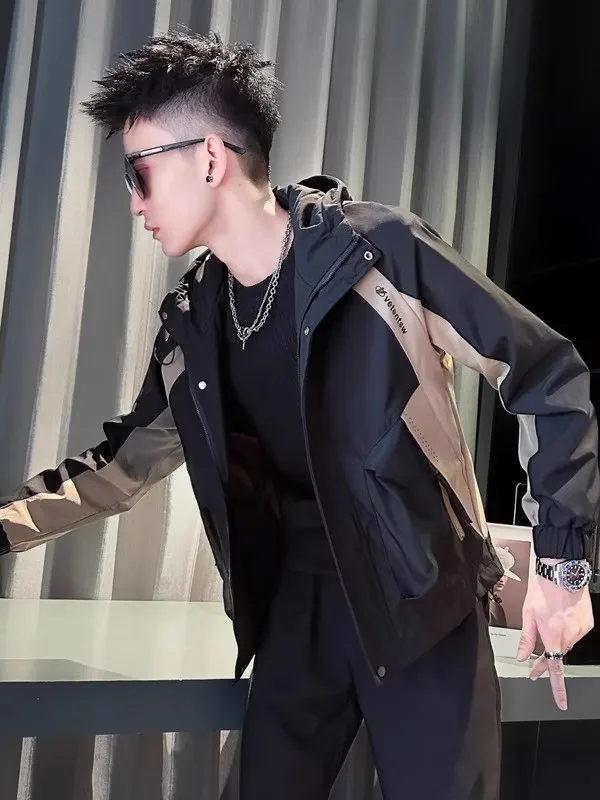 

Casual Men's Hooded Jaet Windproof Color Blo Faionable Spring Autumn New Sle Polyester Fiber Long Sve Zipper Closure