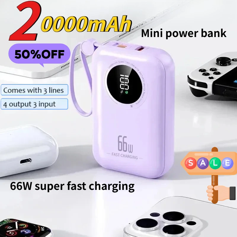 La ricarica rapida da 20000 mAh viene fornita con cavo PowerBank Mini display digitale Alimentatore mobile portatile è adatto per iPhone Xiaomi