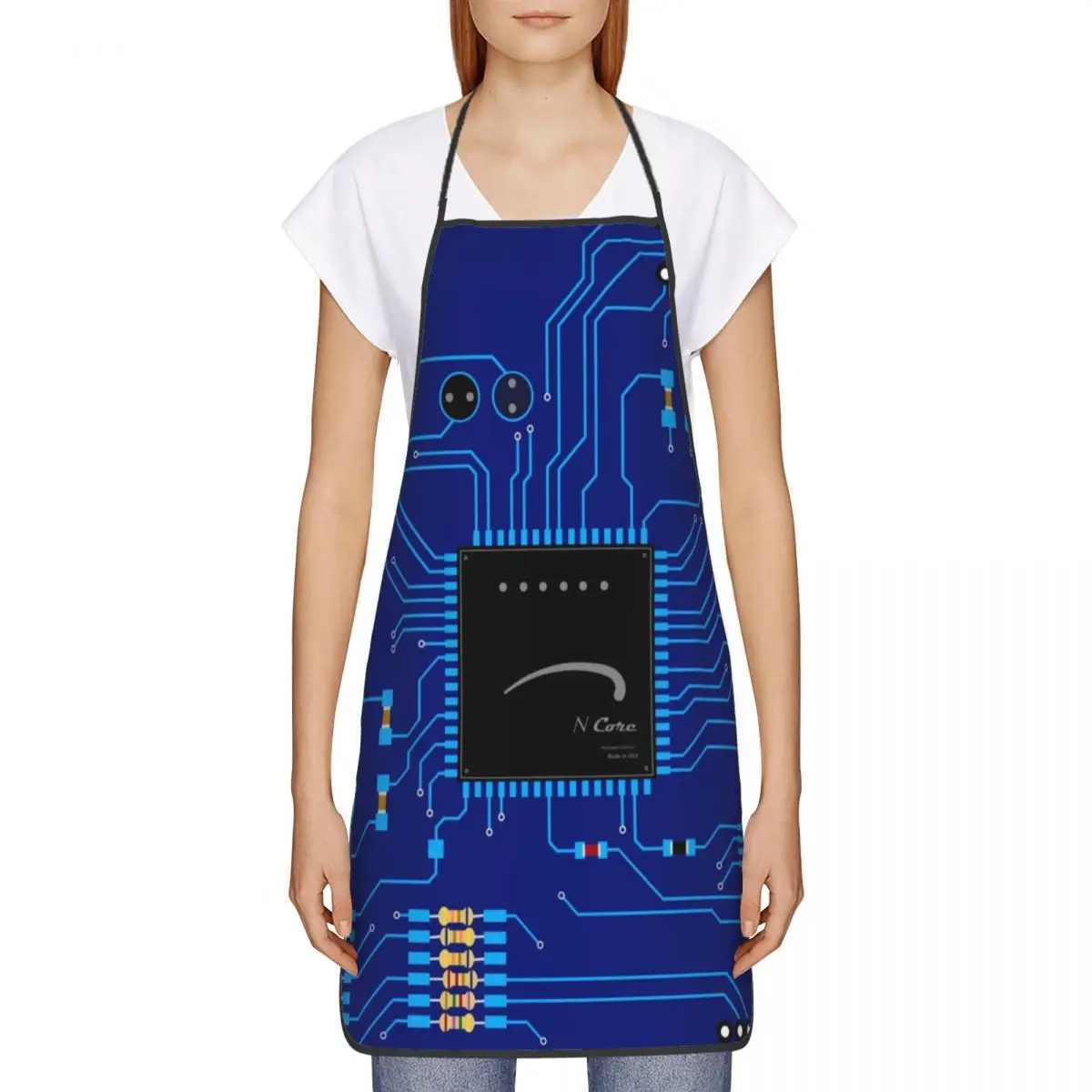 Blue Geek Motherboard Circuit Pattern Bib Aprons Women Men Kitchen Chef Computer Circuitboard Tablier Cuisine for Cooking Baking