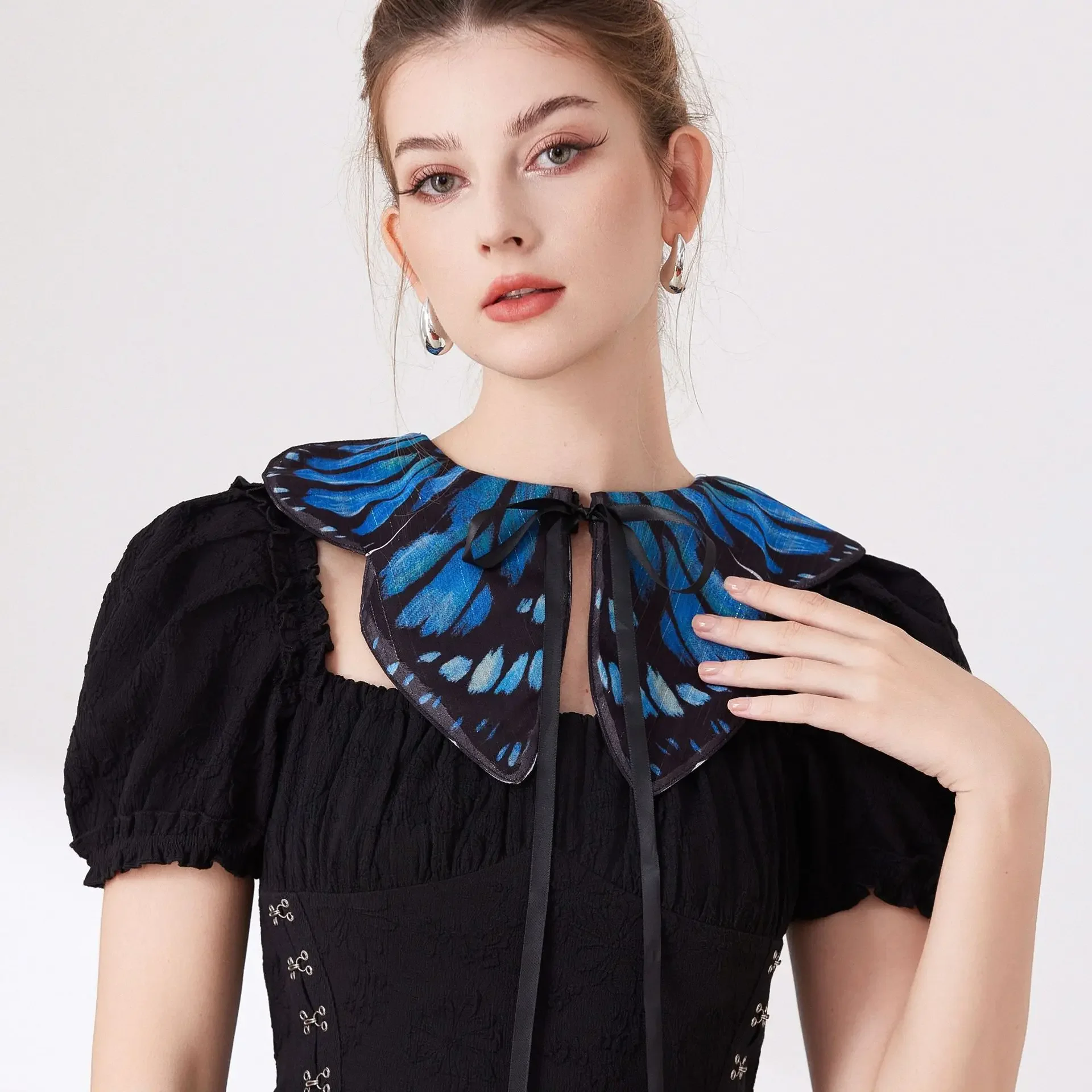 Novelty Blue Printed Butterfly Retro Bow Cape Shawl Fake Collar Hanfu Cloud Shoulder Shirt Accessory