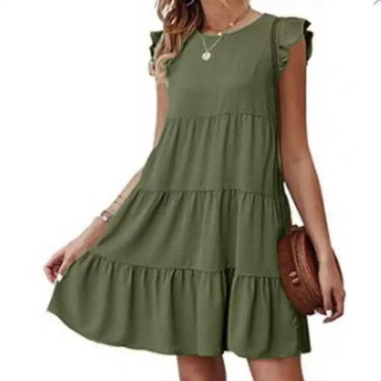 

Pleated Swing Women Dress SummerO Neck Short Sleeve Casual Dress Cake Loose Dresses for Women 2023