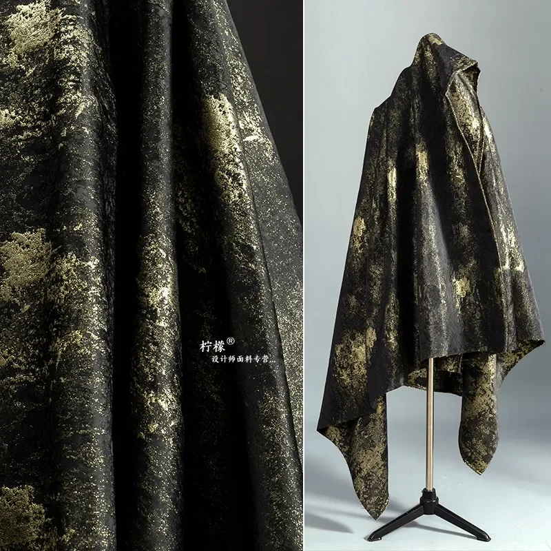 Retro Black and Gold Jacquard Fabric High-end Hot Stamping Glossy Texture Silhouette Hanfu Jacket Clothing Designer Fabric