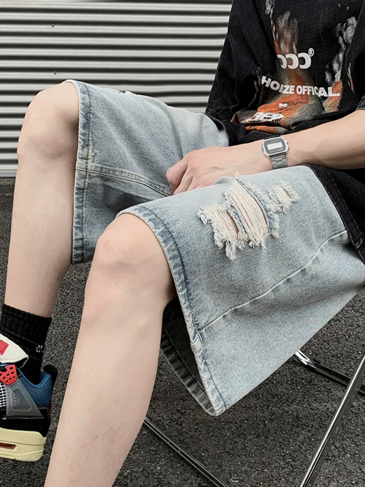 

Men's Summer Thin Five-Point Denim orts Straight Leg Casual Loose Fit Jeanswear Tear Design High Street Sle Mid-Waist