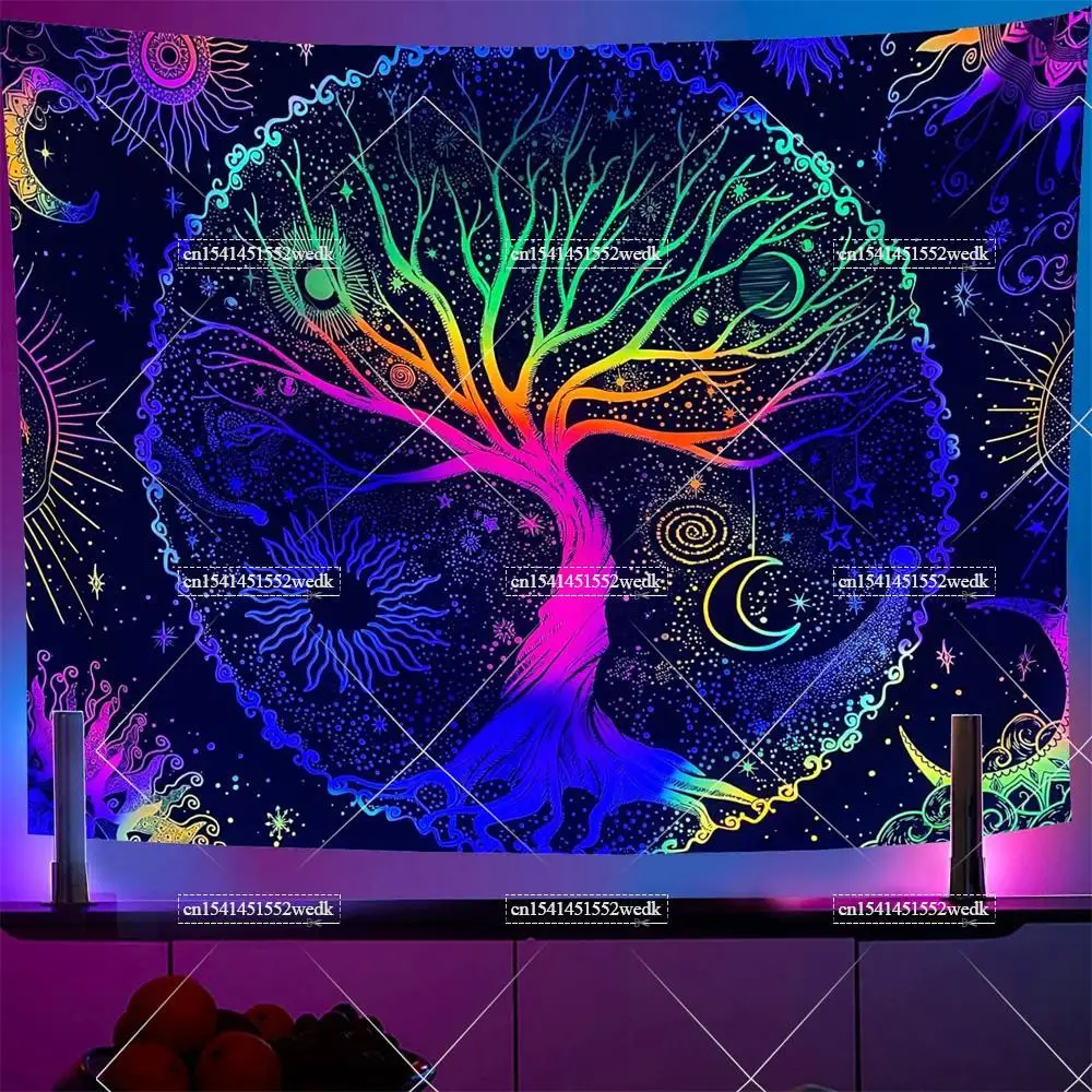 Trippy Tree Of Life Black Light Tapestry UV Reactive Sun And Moon Tarot Tapestries Aesthetic Room Decor Neon Blacklight Tapestry