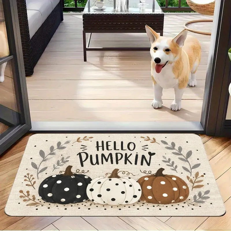 Hello Pumpkin Polka Dot Fall Welcome Cream Background Black White Brown Gourd Print Non Slip Outdoor Porch Mat