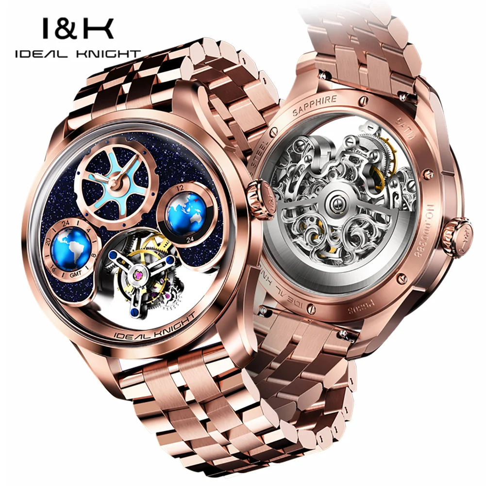IDEAL KNIGHT Men's Flywheel Tourbillon Mechanical Watch Dual Time GMT Sapphire Crystal 316L Steel 50M Waterproof Wristwatch 6805