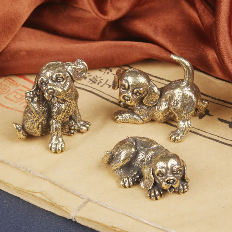 Vintage Brass Prosperous Fortune Desktop Ornament Twelve Zodiac Dog Bronze Sculpture Craft Antique Tea Pet Decoration
