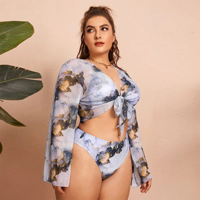 Nadrukowane Split Plus Size Bikini kobiety 3 sztuki plaża wysoki stan strój kąpielowy seksowne damskie stroje kąpielowe zestaw wiosna lato