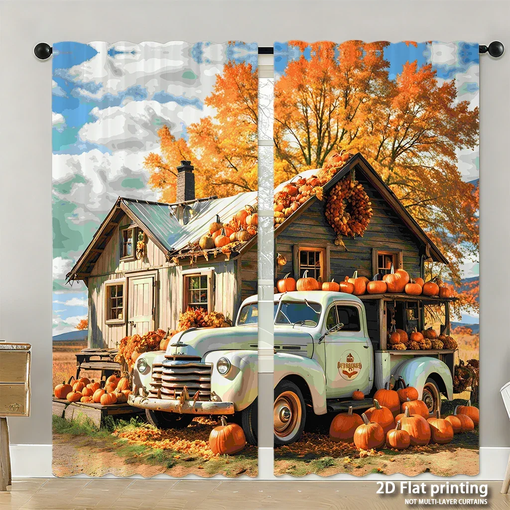 2-piece set of high-definition digital printed curtainsautumncolorcountrystylehousepumpkinoldtruckHome decoration style