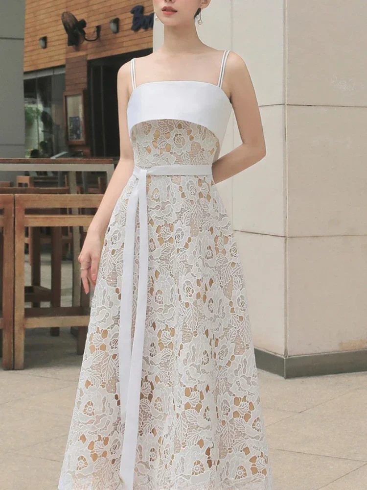 A-line Camisole Lace Midi Dress Crochet Hollow Embroidery Splicing Waist Slim Dress 2024 Spring/Summer New in Women Clothes