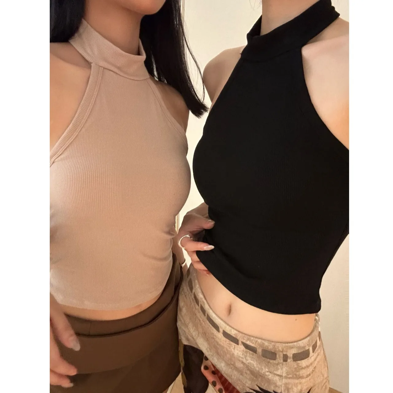 Sexy Spicy Girl High Collar Shoulder Digging Vest Fixed Cup Integrated Pad Backless Vest Combed Cotton Blend Short Knitted Top