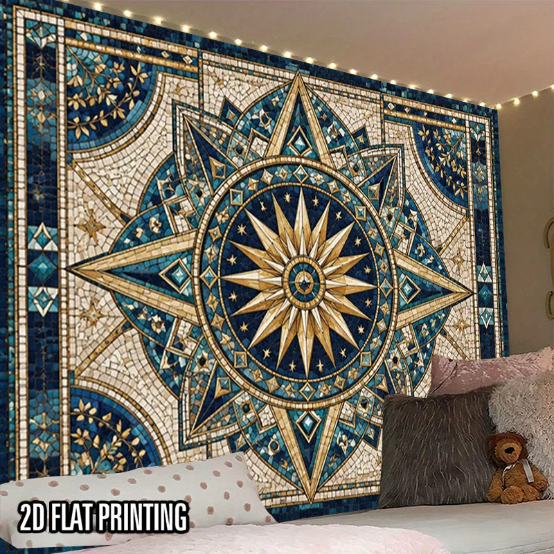Blue Mandala Tapestry Moroccan Mosaic Wall Art Geometric Boho Boho Decor Hanging Fabric Print Large Decorative Room Accent