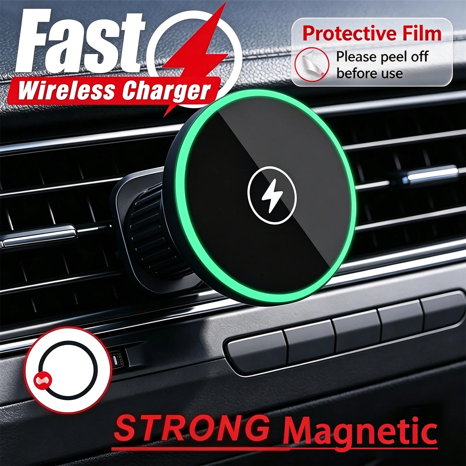 30W Fast Charging Magnetic Car Wireless Charger, LED Light Phone Mount Holder for iPhone 12, 13, 14, 15，16，17， Pro Max