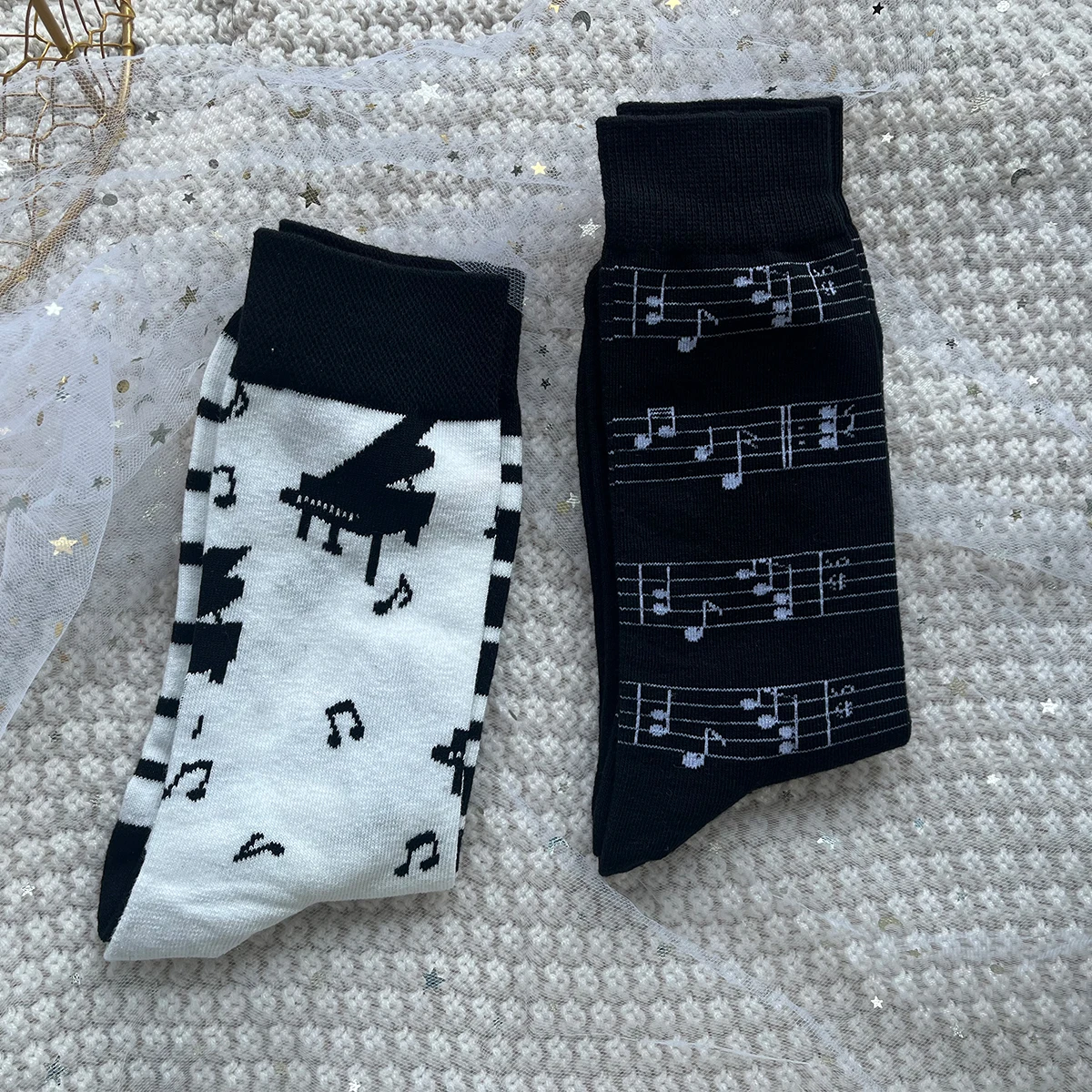 1 Pair Unisex Socks Piano Note Print Creative Comfy Mid Tube Socks Suit In All Seasons