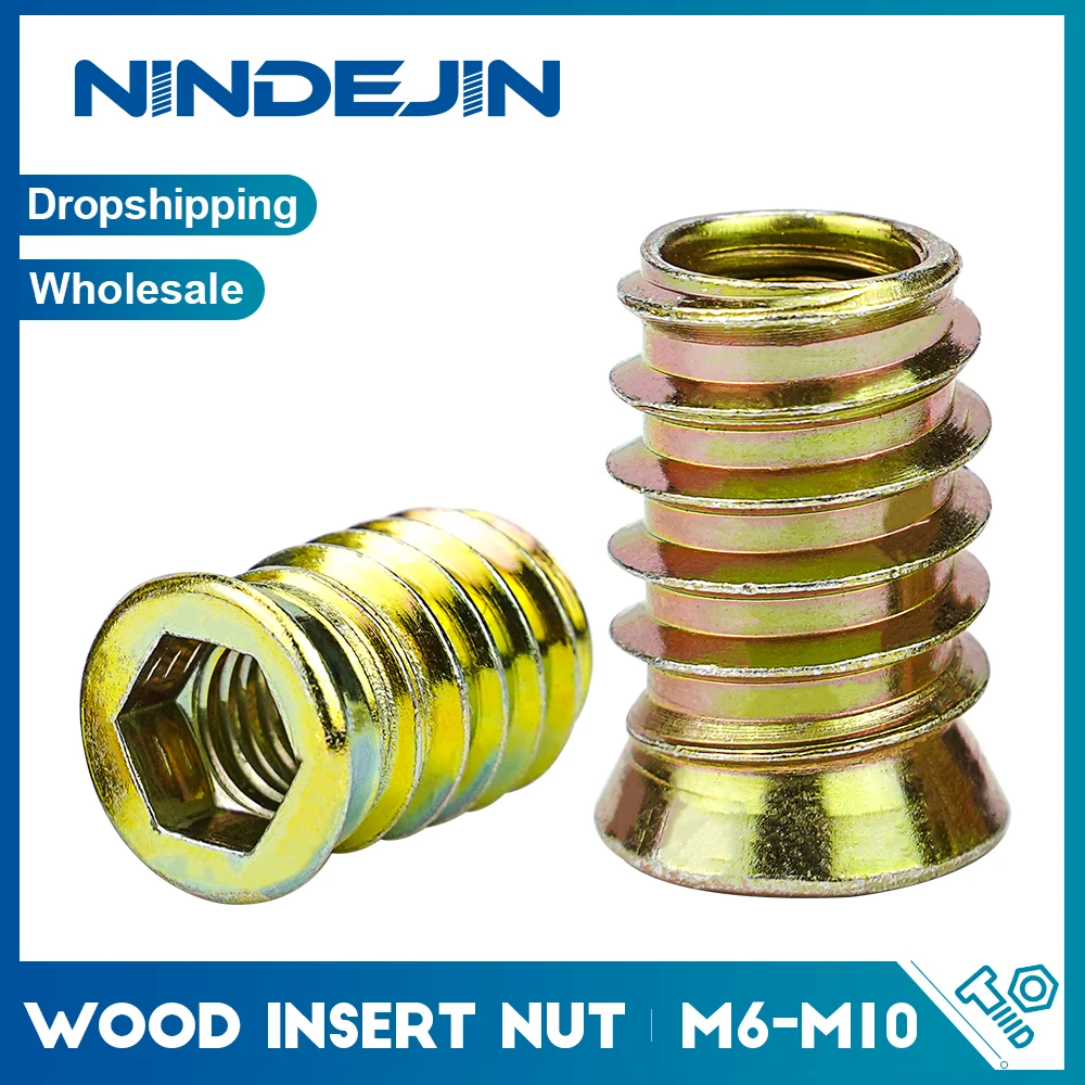 NINDEJIN Wood Insert Nut M6 M8 M10 Zinc Plated Carbon Steel Wood Threaded Nut Hexagon Wood Insert Nut Screw in Nut Connector