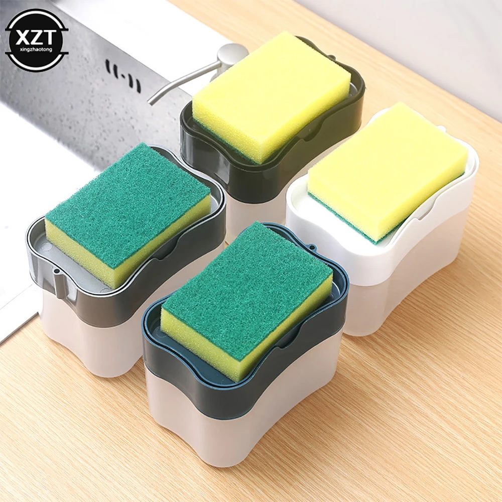 2 in 1 Scrubbing Liquid Detergent Dispenser Press-Type Liquid Soap Box Pump Organizer Sponge Kitchen and Bathroom Tools