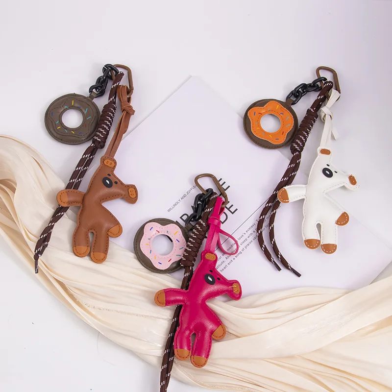 Original Vintage Bear Donut Bag Charm PU Leather Keychain Pendant Cute Multifunctional Birthday Gift Bag Charm for Backpack