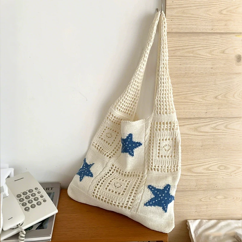 Designer-Stricktaschen mit großem Fassungsvermögen, Damen-Sommer-Strandtasche, lässige, hohl gewebte Unterarm-Umhängetasche – Detail 14