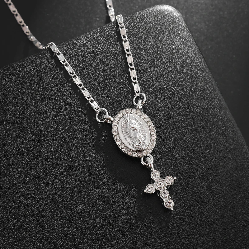 Exquisite Shining Zircon Catholic Virgin Mary Statue Pendant Christian Cross Necklace Women's Lucky Collarbone Chain Jewelry