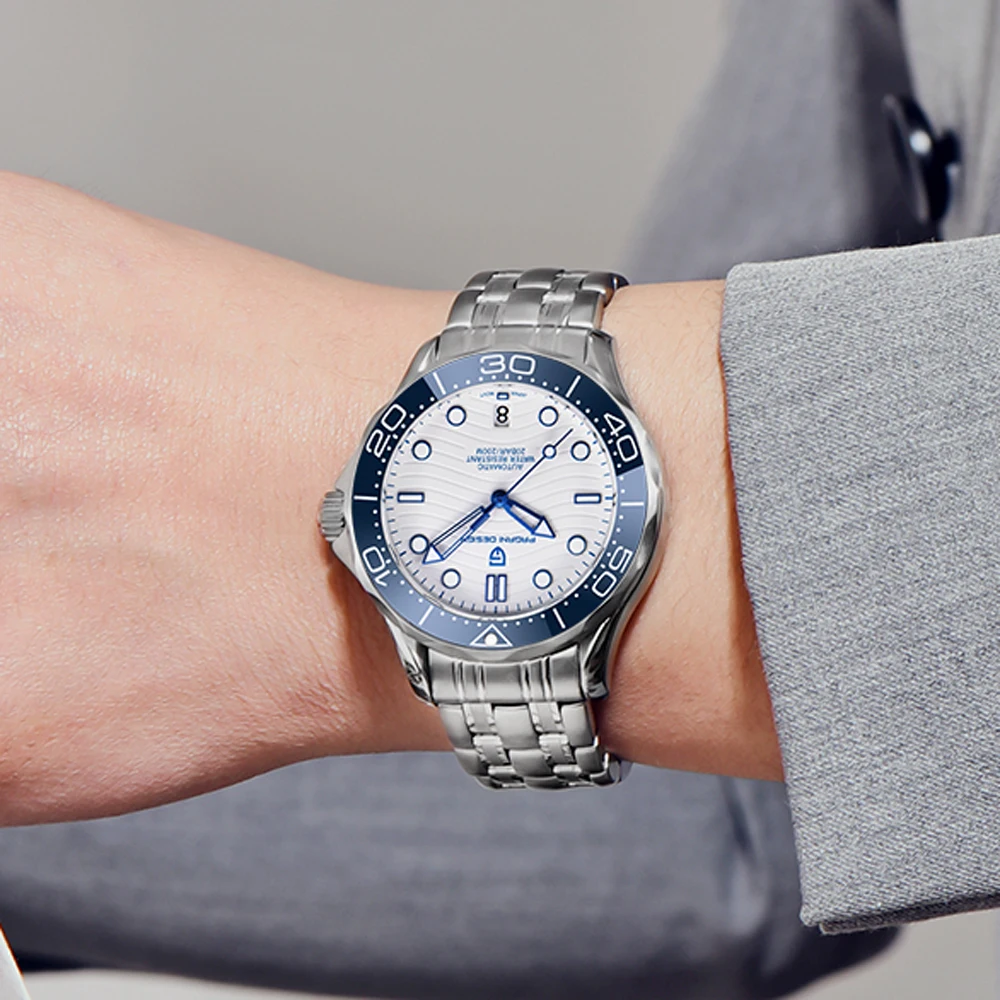 PAGANI DESIGN Orologi Orologio meccanico automatico semplice blu e bianco da uomo AR Vetro zaffiro NH35 Movimento in acciaio inossidabile