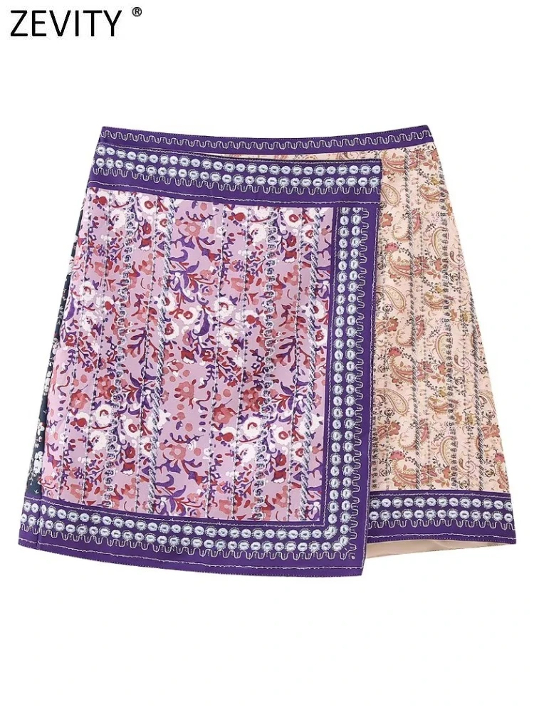 Zevity Nieuwe Damesmode Cashewnoten Bloemenpatchwork Print Rok Faldas Mujer Vrouwelijke Chique Zijrits Een Lijn Vestidos Qun4783