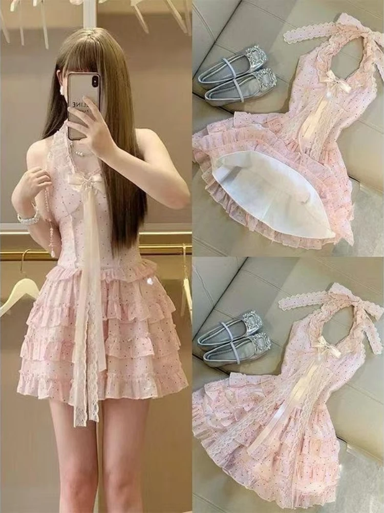 Sweet SAILOR COLLAR Slim ผู้หญิงชุดลูกไม้ Kawaii แขนสั้น Fluffy ชุดใหม่ Harajuku แฟชั่น Fairy เสื้อผ้าฤดูร้อน 2025