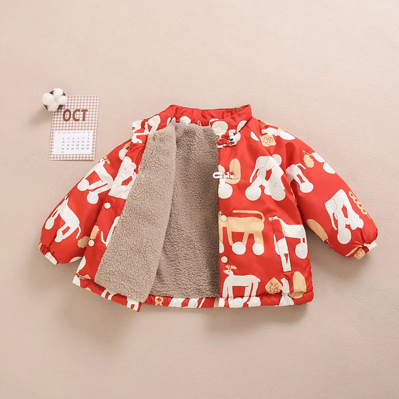 Boys Girls Winter Cotton Padded Jacket New Year\'s Velvet Clothes Baby Fleece Lined Coat Kids Christmas Tops Outerwear 1-7T