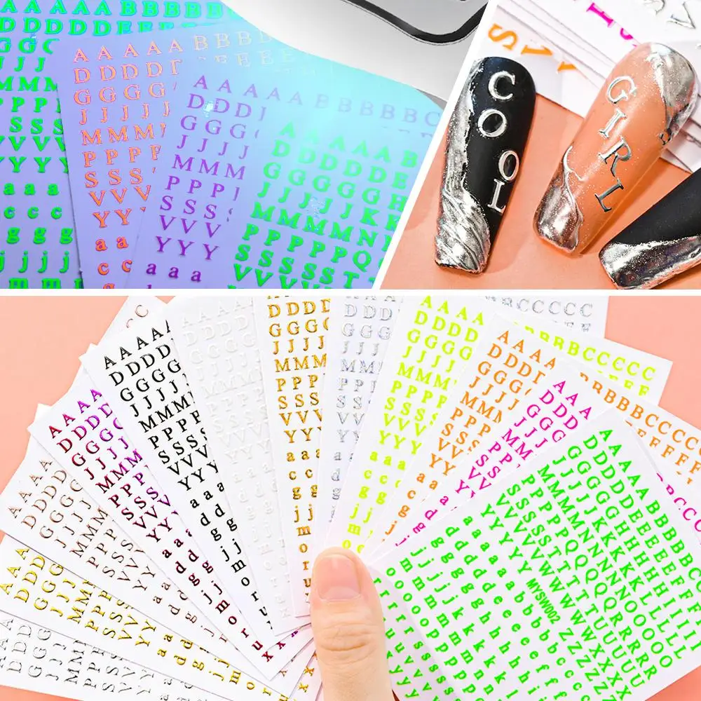 12 Stuks 3d Nummers Engelse Alfabet Nail Art Stickers Zelfklevend Laser Goud/Zilver/Kleurrijke Slider Retro Oude Letter Nail Stickers