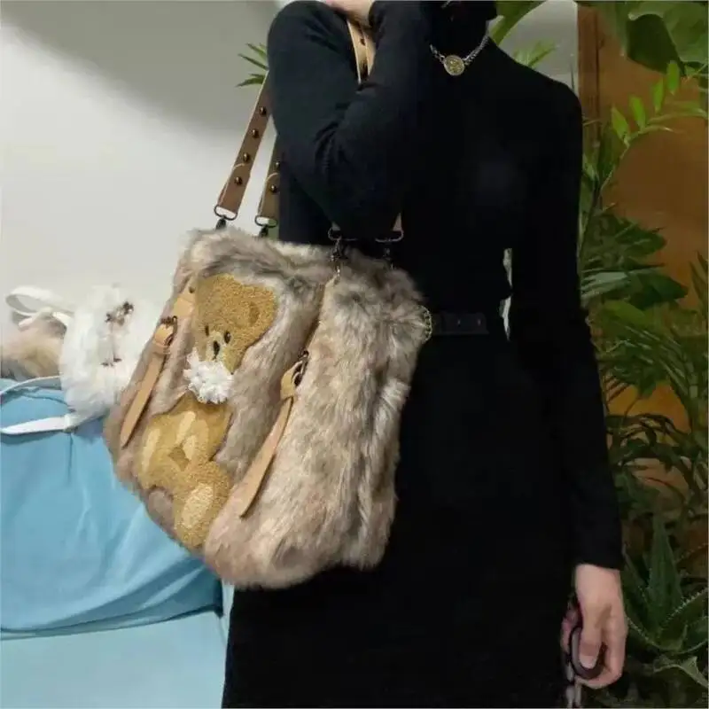 Bloom Vintage Bear Plush Y2k Handbag Women Hot Girl Sweet Casual Brown Shoulder Crossbody Bag Female Large Capacity Cute Purse