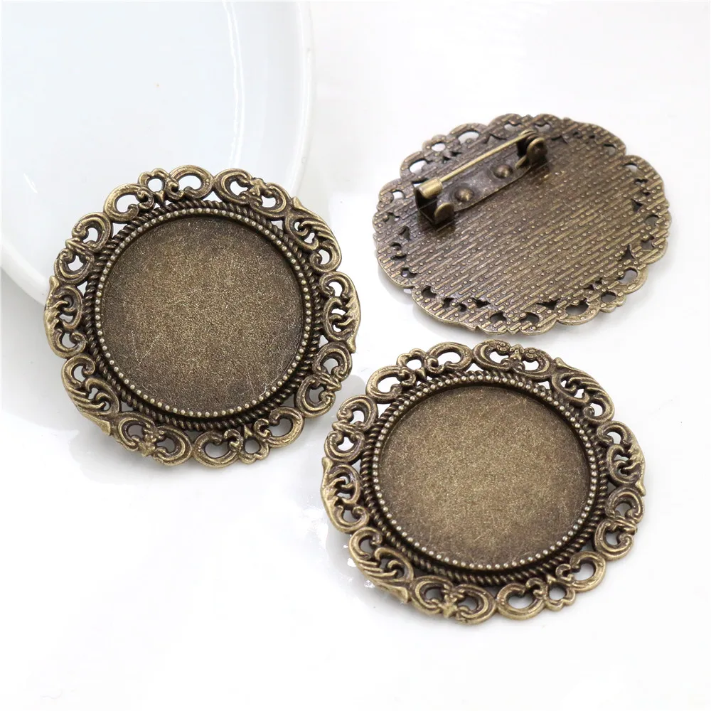 New Fashion 5pcs 25mm Inner Size Antique Silver Plated Bronze Colors Brooch Baroque Style Cabochon Base Setting