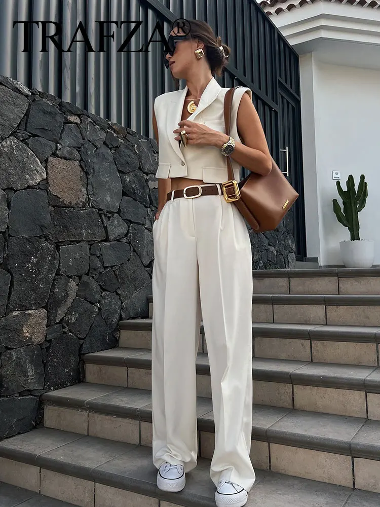 TRAFZA 2024 Summer Women Fashion Trousers Set V Neck Single Button Short Vest Top + Versatile Street Female Wide Leg Long Pant