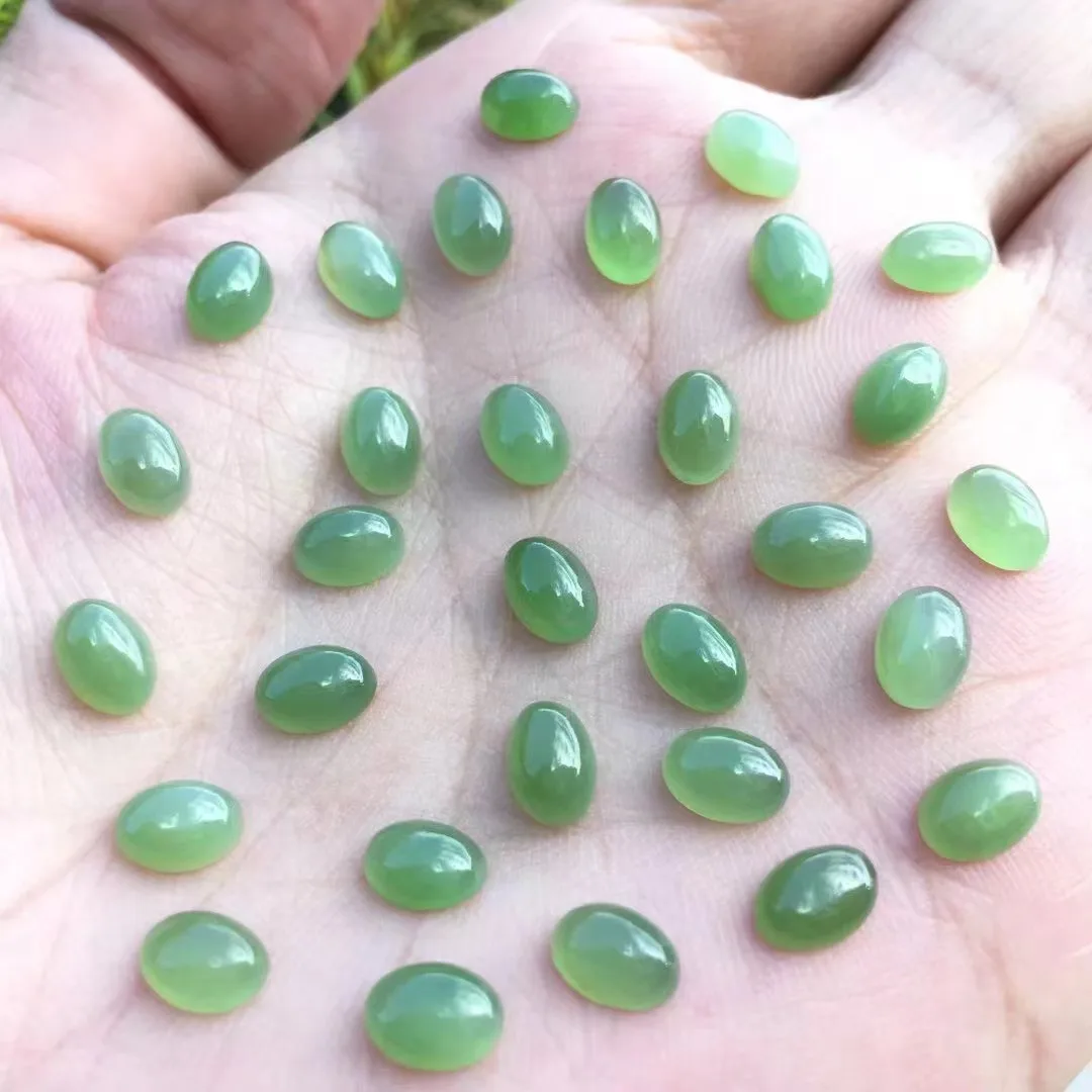 5x7mm Green Hotan Jade Oval Flatback Cabochon Original Gemstone Natural Nephrite Jadeite