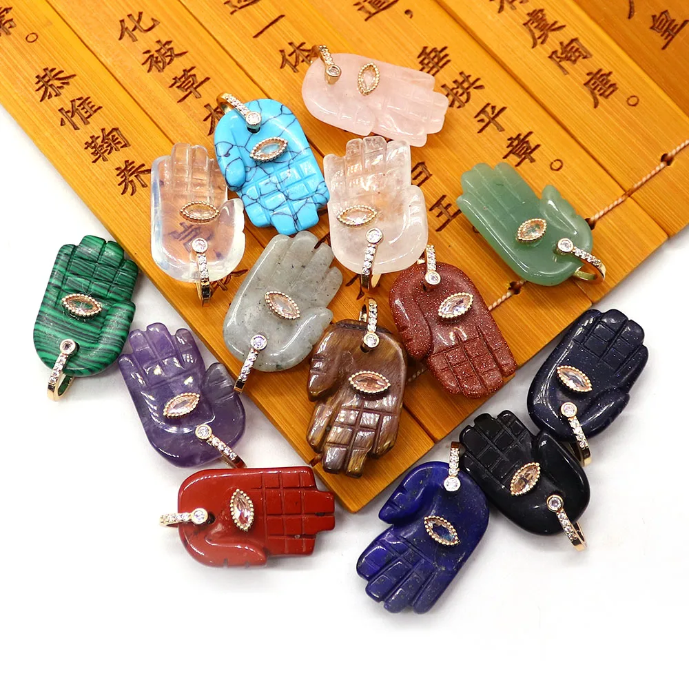 Hamsa Fatima Hand Colorful Nature Amethyst Agate Lapis Lazuli Pendants Inlaid Evil Eye Pattern Design Charms Jewelry Accessory