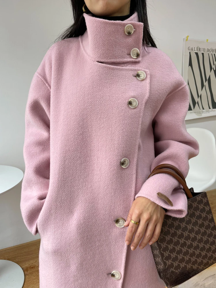 Vintage New Herringbone Wool Cashmere Coat Long Women Fashion Stand Collar Single Breasted Woolen Coats Female Fit Autumn Winter