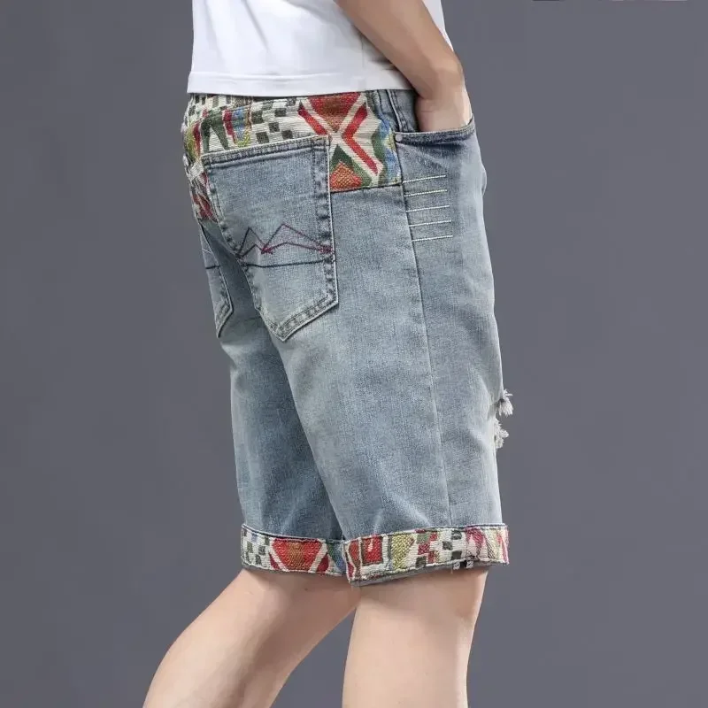 Male Denim Shorts Graphic Men's Short Jeans Pants Straight Ripped Embroidery Selvedge Trend 2024 Distressed Sale Harajuku Blue