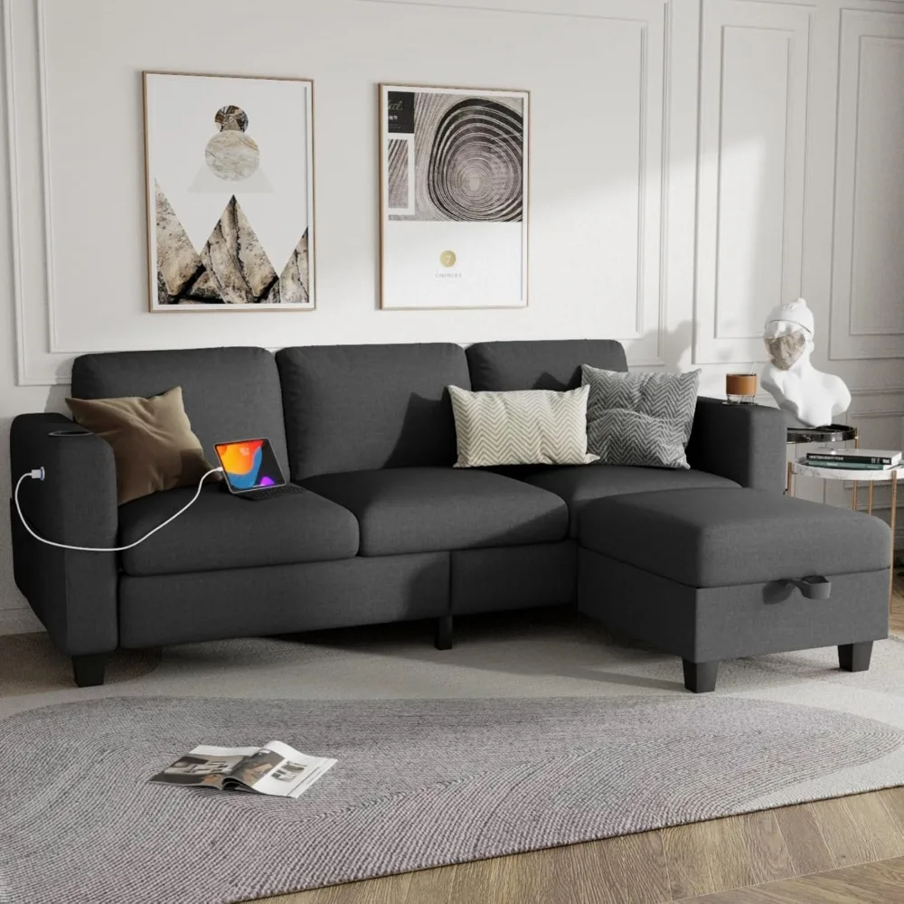 Sectional Sofa L Shaped Cloud Couch-Small Modular 3 Seaters With Storage Chaise-UBS-Cup Holder, Washable Covers