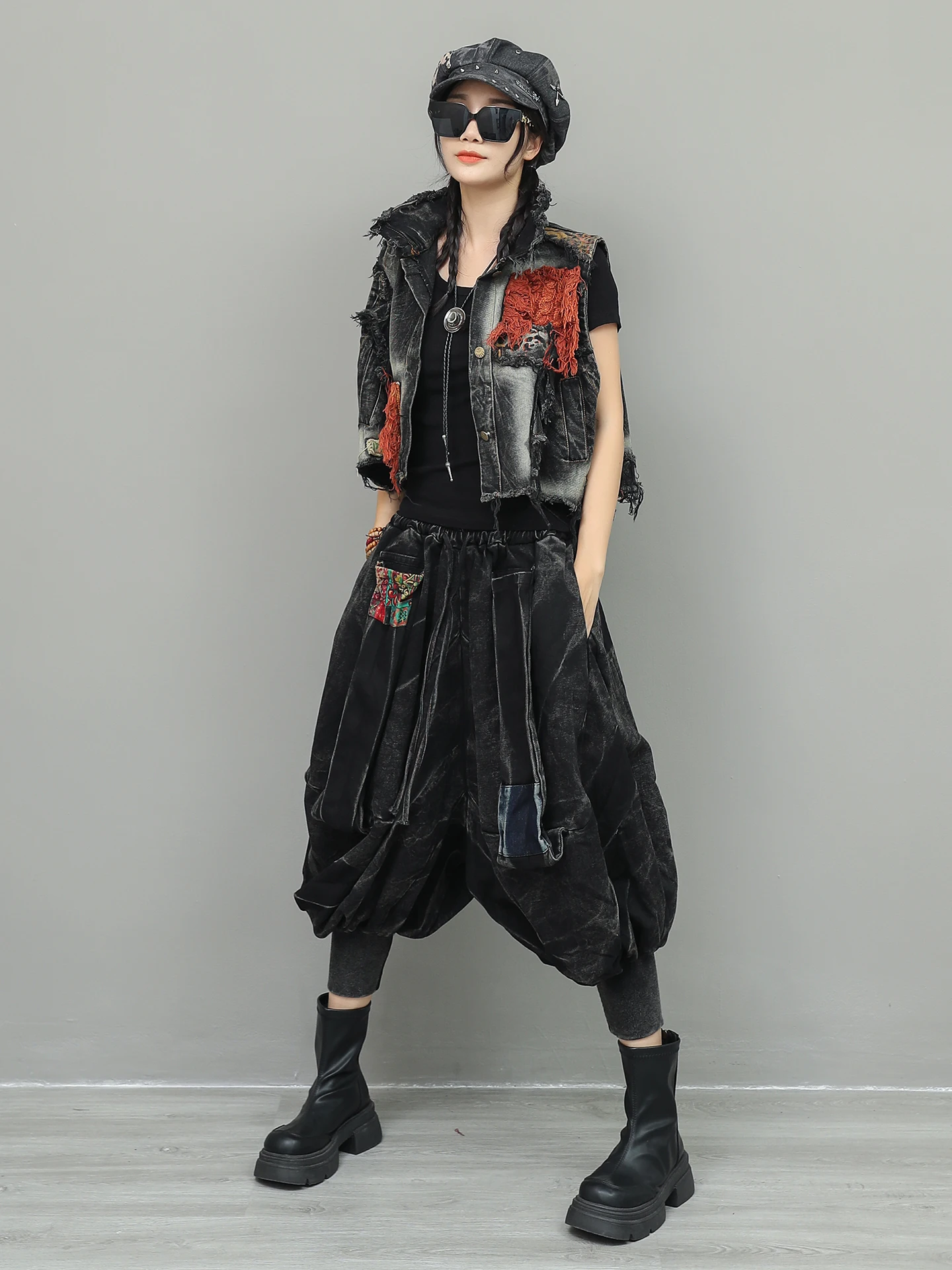 

Новый женский осенний индивидуальный модный винтажный джинсовый кардиган, короткий жилет, брюки-фонарики с эластичной резинкой на талии, комплект из двух предметов, свободный костюм