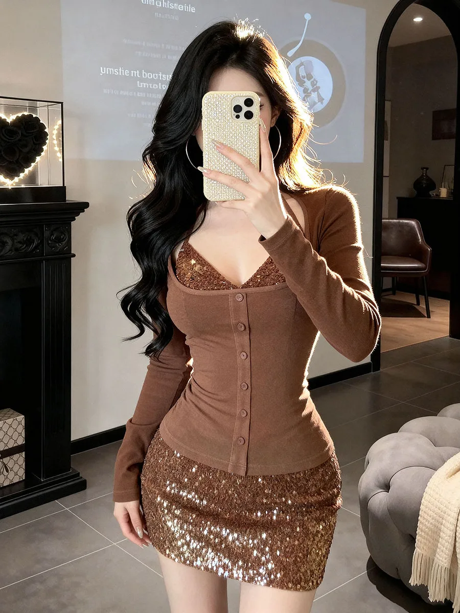 

American Pure Desire Style Women's Fashion Set Short Skirt Wrap Waist Square Collar Sexy Slimming Autumn Winter New Arrival