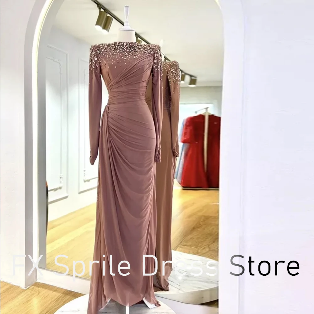 Crystal Sequined  Exquisite O-neck Pleats Evening Dress Jersey Long Sleeves Bespoke Occasion Gowns luxury Floor Length Straight