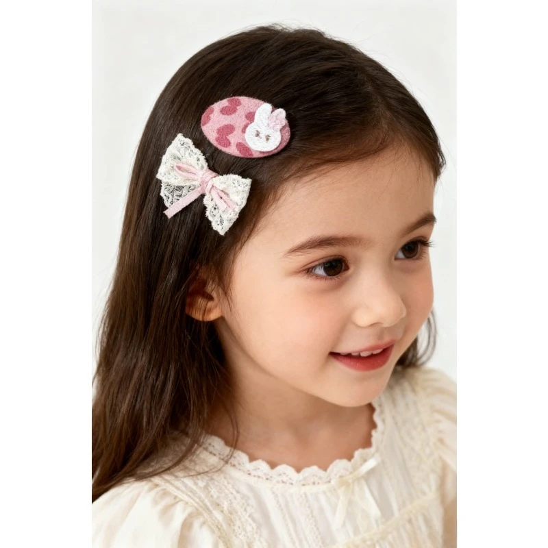 2pcs Korean Style Embroidered Rabbit Hearts Bow Barrettes Sweet YK2 Cute Side Hair Clips for Girls FABRIC Hair Pin Accessories