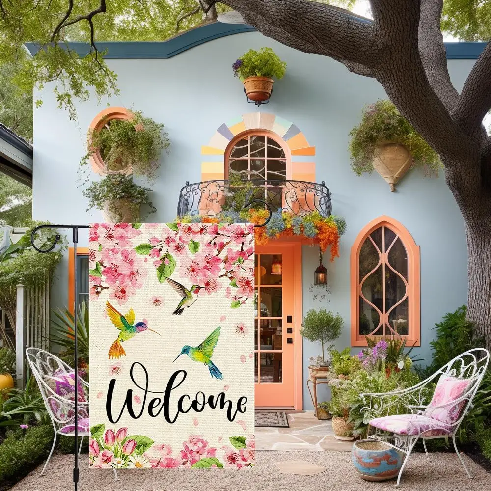 Welcome Spring Summer Garden Flag 12x18 Inch Double Sided Small Burlap Floral Outdoor Decor for Patio Porch Yard Farmhouse D WWP