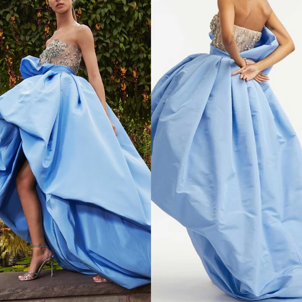 Simples Moda Strapless A Linha Vestidos de Noite, Paillette Lantejoula Cetim, escova varredura, até o chão vestido personalizado