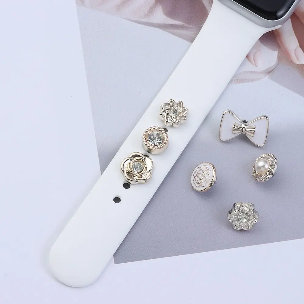 Fashion Silicone Strap Metal Decor Ring Nails For Apple Watch Band Charms Creativity Pearl Flower Rivet Accessories For iwatch