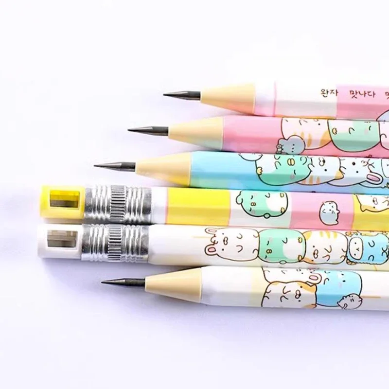 Crayons mécaniques sans affûtage avec taille-crayon, dessin animé mignon, cadeaux pour enfants, fournitures scolaires et de bureau, 4 pièces, 2.0mm