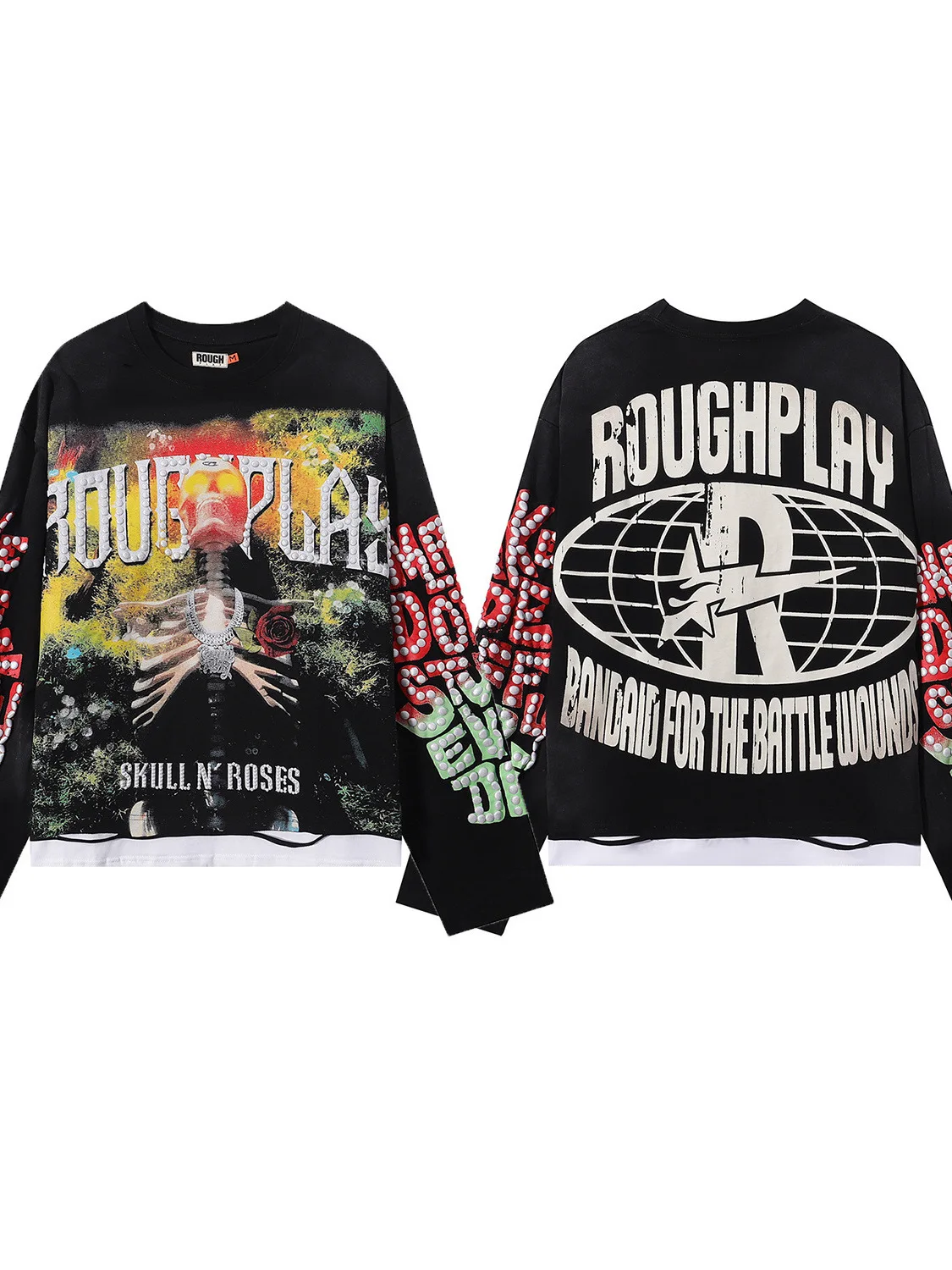 RoughPlay American Hip Hop Style Skeleton Foamed Print Long Sleeve T-Shirt Unisex Vintage Loose Top Trendy Cotton Sweatshirt