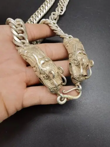 62cm Old Chinese Tibet Silver Handcarving Double Dragon Head Necklace