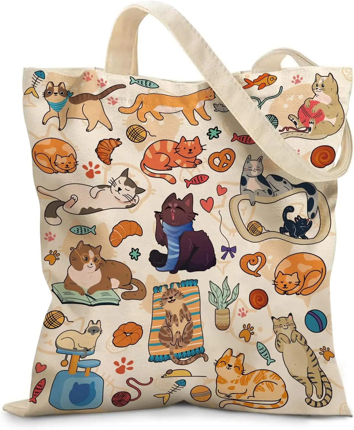 Adorable Cat Doodle Pattern Canvas Tote Bag Reusable Portable Shopping Bag For Cat Enthusiasts Daily Carry