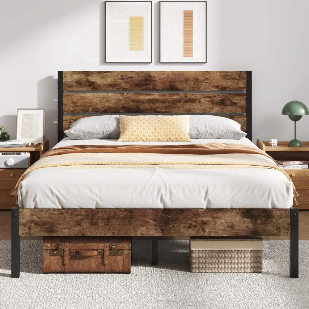 Queen Bed Frame with Wooden Headboard and Footboard, 14 Inch Metal Platform Bed, Mattress Foundation, No Box Spring Nee